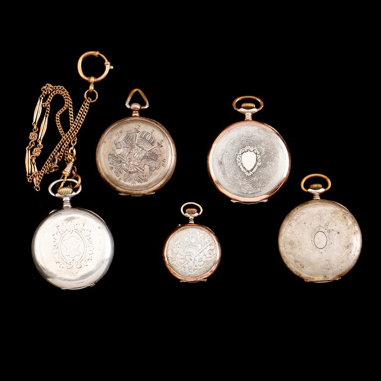 FICKUR, 5 st samt ARMBANDSUR, silver, 1900-talets första hälft.