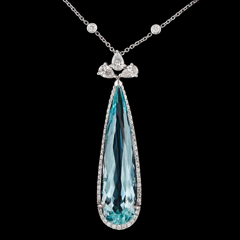 COLLIER med droppslipad akvamarin 12.55 ct, diamanter totalt 1.59 ct.