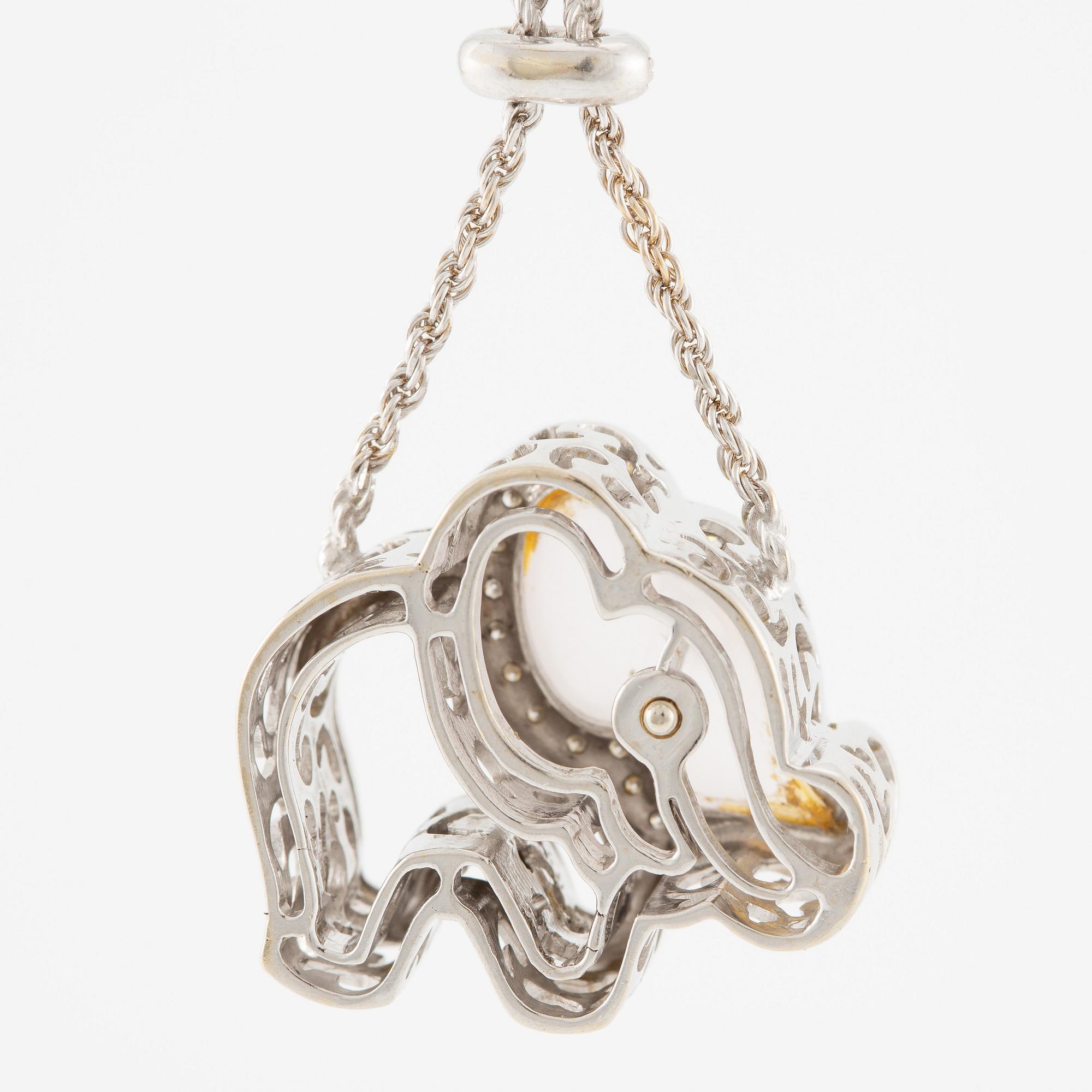 Necklace in 18K white gold with a white stone likely rock crystal and round brilliant-cut diamonds, in the shape of an elephant.