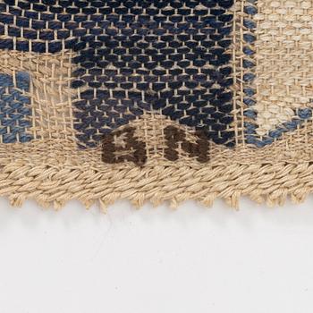 Barbro Nilsson, a textile, "Blå Stjärnan", Ca 42 x 42 cm, flat weave, signed BN.