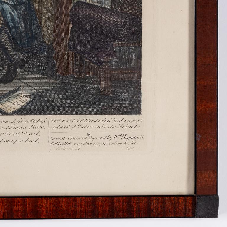 William Hogarth, efter, åtta stycken kolorerade etsningar och gravyrer.