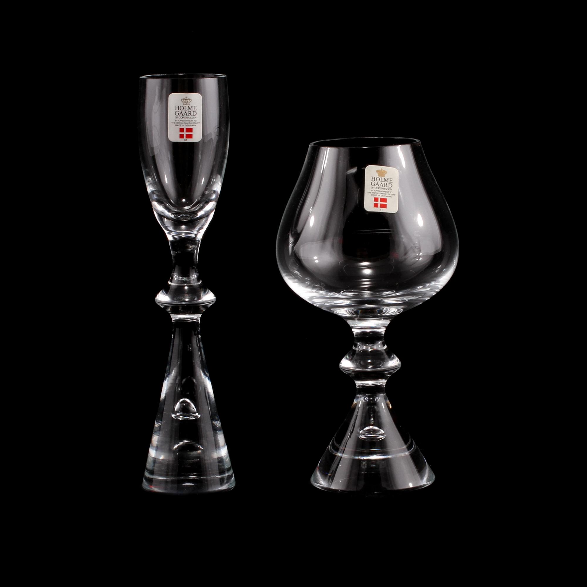 SNAPSGLAS, 5 st, samt KONJAKSGLAS, 4 st, "Prince", Holmegaard, 1900-talets andra hälft.