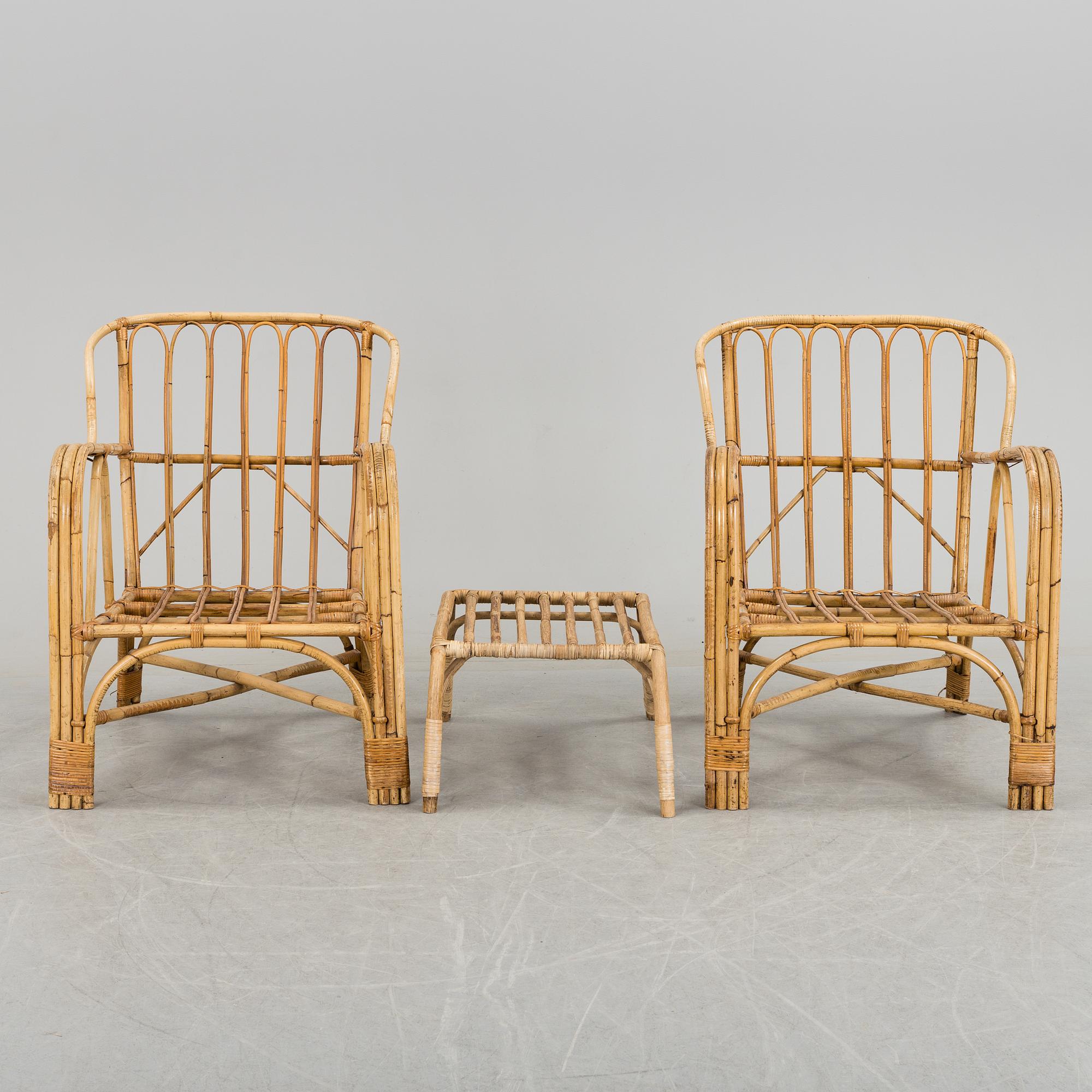 A pair of Garden Armchairs with one stool, mid 20th century.