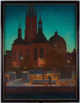 Pelle Swedlund, Nocturnal market scene, Riddarholm Church, Stockholm.