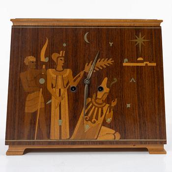A table clock, 'The Three Wise Men', Mjölby Intarsia, 1930s.