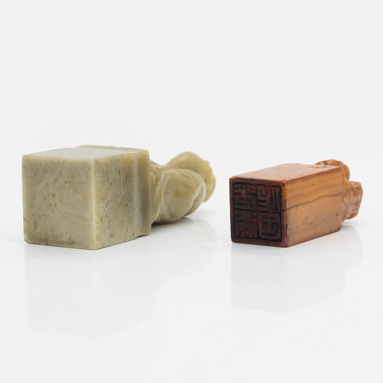 Two pieces of carved agalmatolite, sculpture and seal,one with stamp. China, mid-20th century.