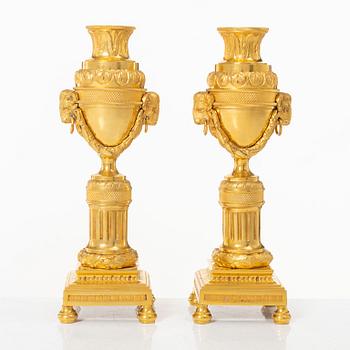 A pair of French Louis XVI style gilt-bronze casolettes, later part 18th century.
