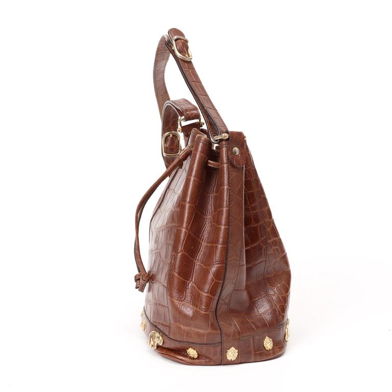 A brown crocodile embossed leather shoulder bag.