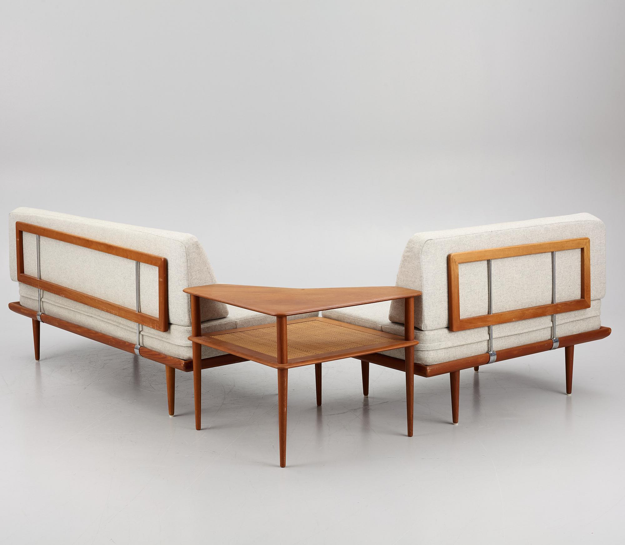 Peter Hvidt & Orla Mølgaard Nielsen, two 'Minerva' sofas and a coffee table, France & Son, Denmark, 1960's.