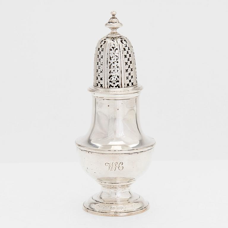 A George II sterling silver caster, maker's mark of Charles Alchorne, London 1730s, unclear year mark.