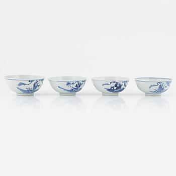 A set of four Chinese blue and white bowls, Qing dynasty, 19th century.