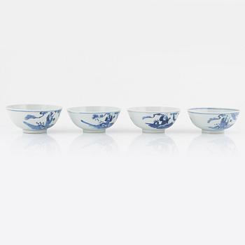 A set of four Chinese blue and white bowls, Qing dynasty, 19th century.