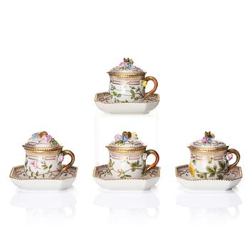 370. A set of four Royal Copenhagen 'Flora Danica' custard cups with stands, Denmark, 20th Century.