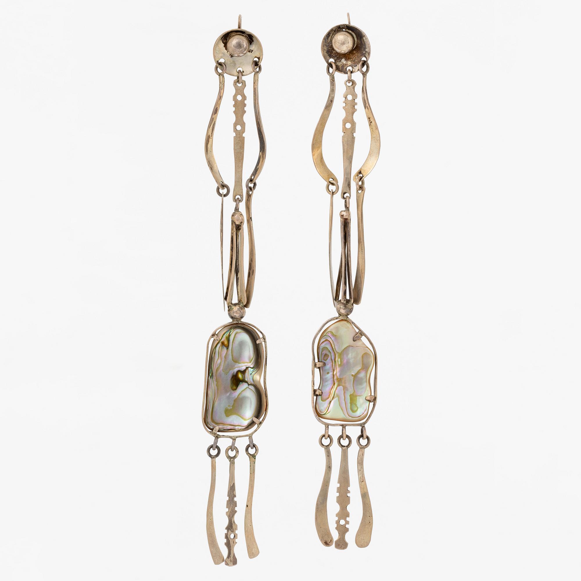 Earrings, a pair, silver with shell, 1970s.