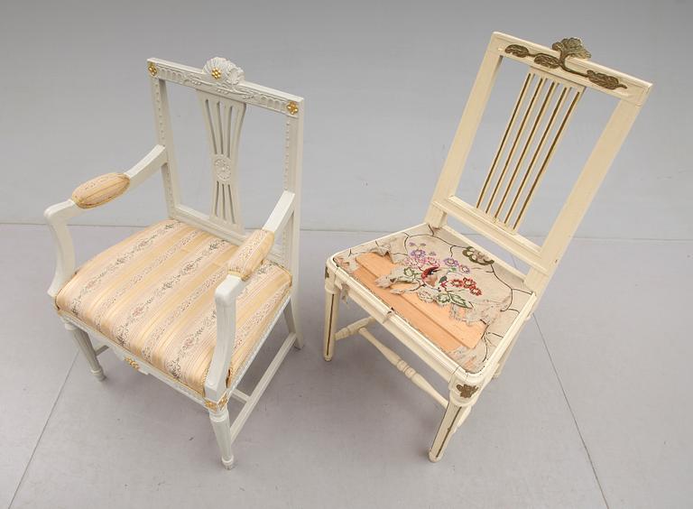 KARMSTOL OCH STOL, gustaviansk stil, 1800-/1900-tal.