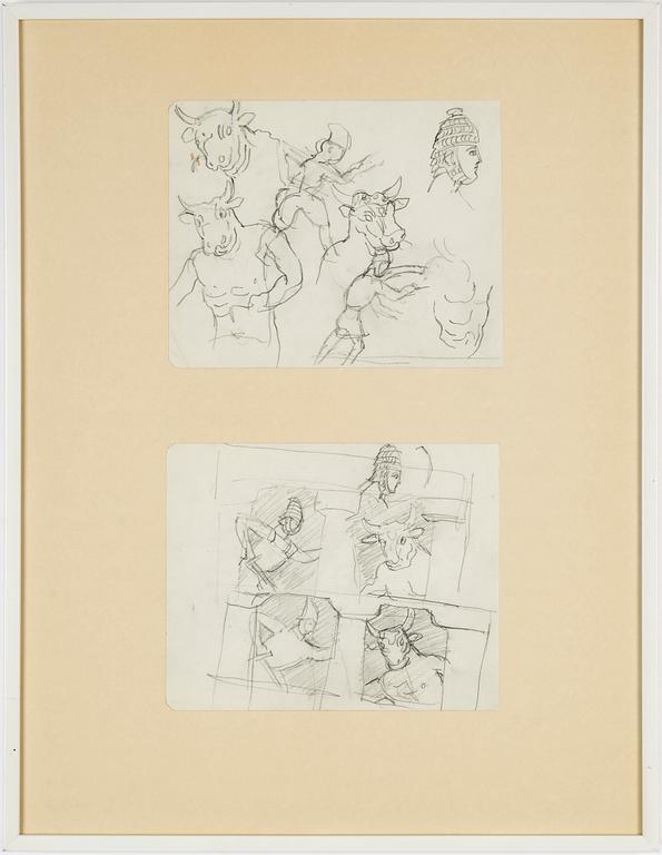 Hilding Linnqvist, pencil drawings, 2 + 3, framed together.