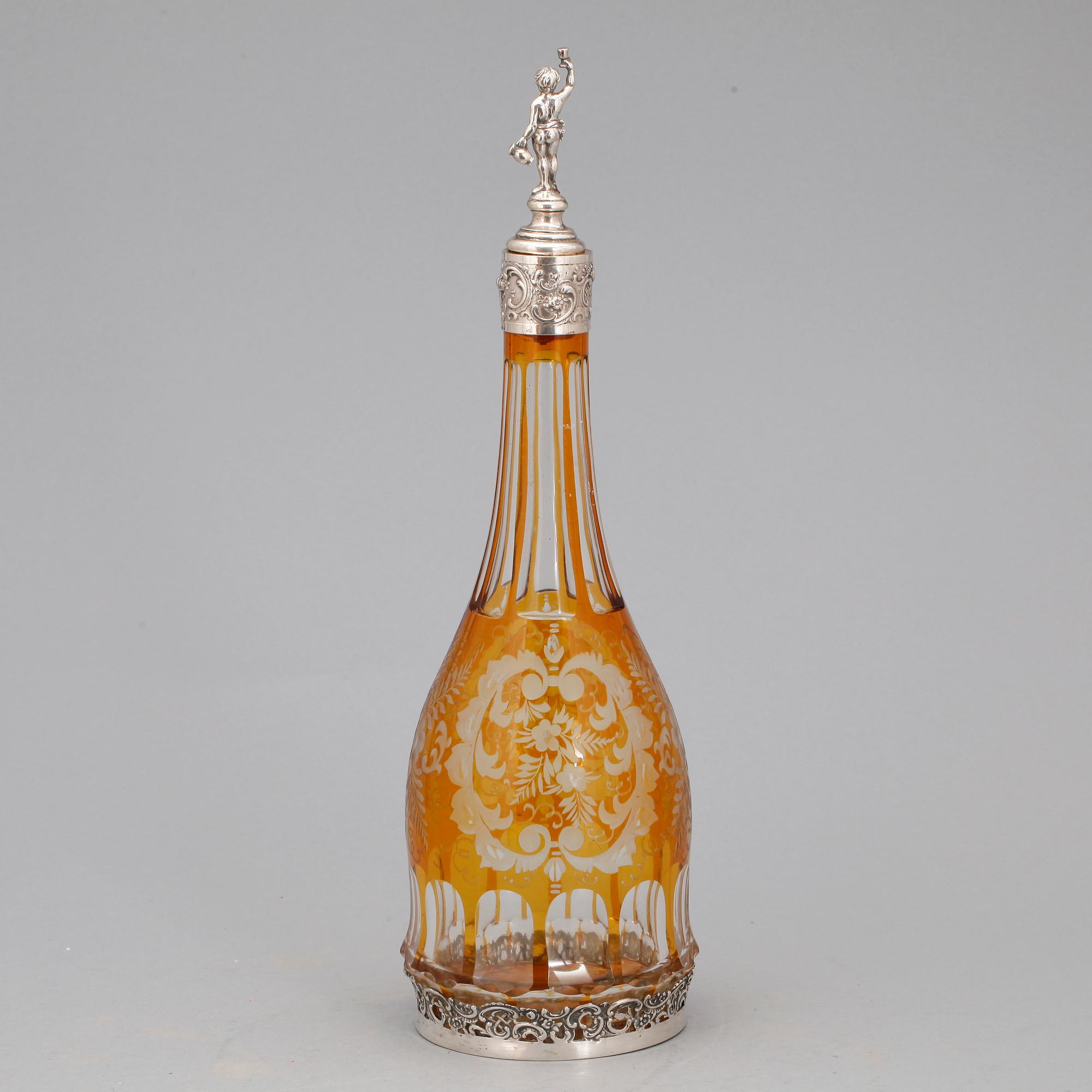 KARAFF, silver och glas, Böhmen, tyska silverstämplar, 1900-talets första hälft.