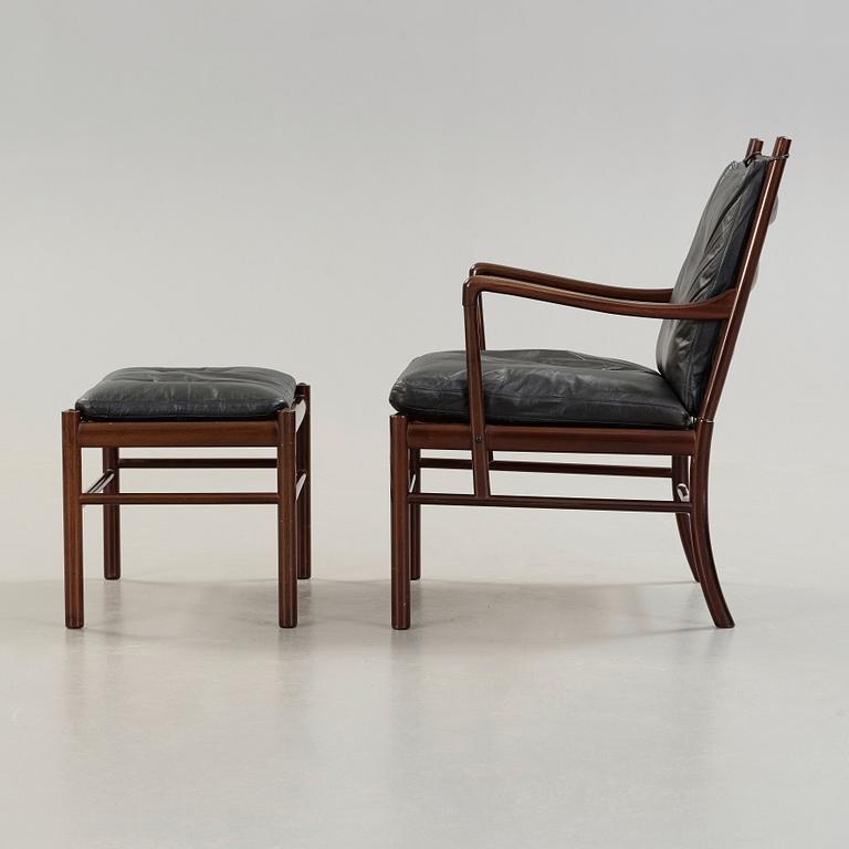 Ole Wanscher, a stained mahogany and black leather 'Colonial Chair PJ 149' and ottoman, Poul Jeppesen, Denmark.