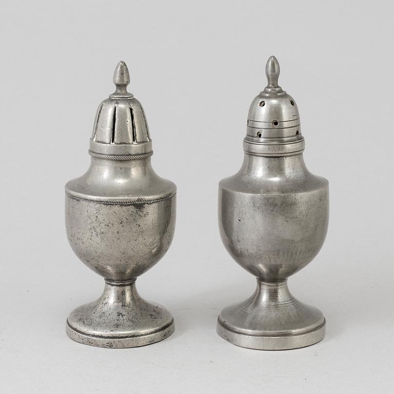 TWO 18TH CENTURY PEWTER SHAKERS.