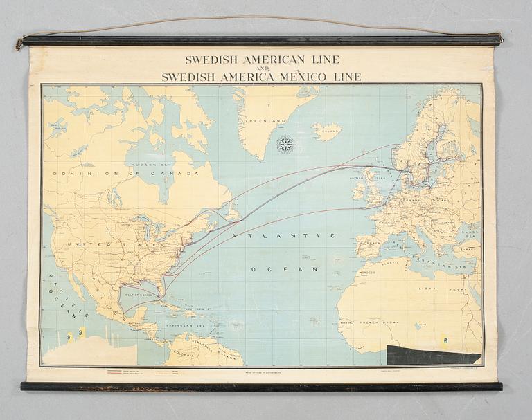 A school map of the swedish american line and swedish america mexico line, early 20th century.
