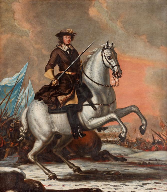 David Klöcker Ehrenstrahl Hans ateljé, Konung Karl XI (1655-1697) på hästen Brilliant i slaget vid Lund 1676.