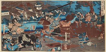 UTAGAWA YOSHITORA, two coloured woodblock prints, triptych, Japan, late 19th century.