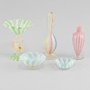 PARTI GLAS, 5 delar, glas, Murano, Italien, 1900-talets andra hälft.