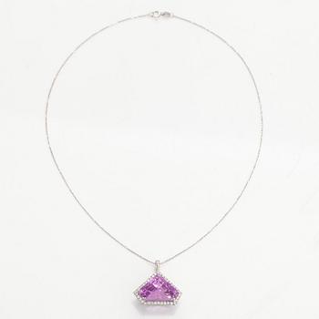 A 14K gold necklace with kunzite and brilliant cut diamonds.