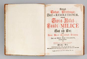 BÖCKER: 2 volymer, Kongl Stadgar, Förordningar, Bref och Resolutioner ang Swea Rikes Landt-Milice, 1765.