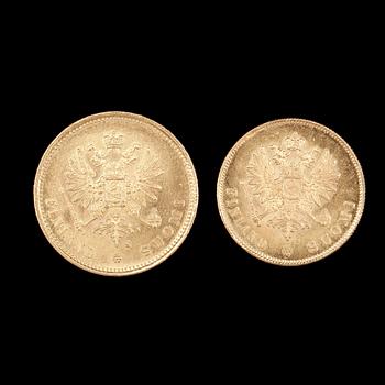 GULDMYNT, 2st, lägst 20k guld, 20 mark resp 10 mark, Finland/Ryssland, 1913. Totalvikt ca8,7g.