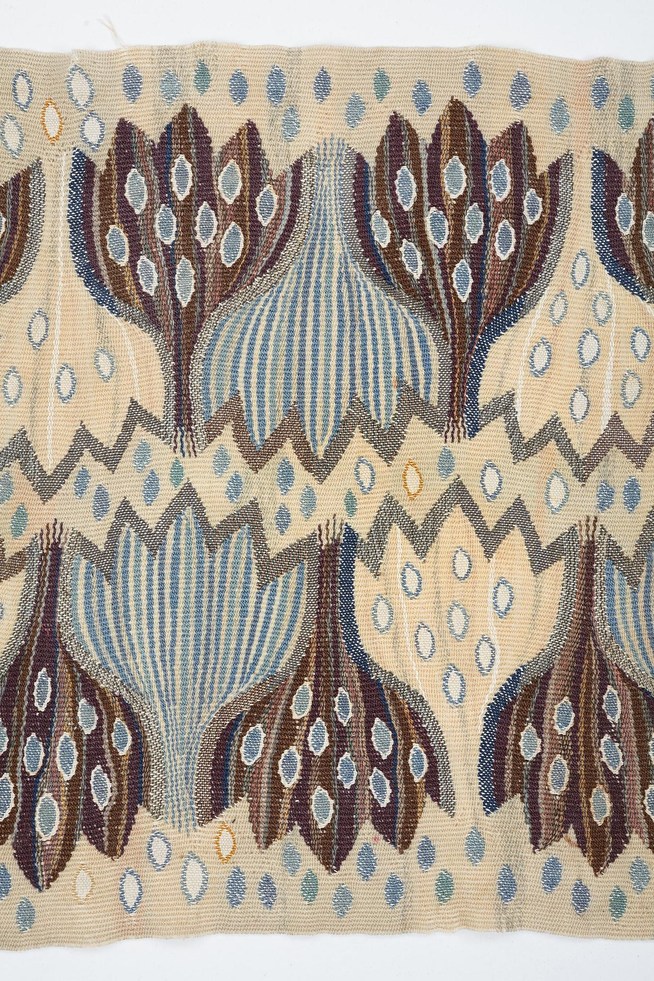 Ann-Mari Forsberg, född Lindbom, a textile, "Blå crocus", tapestry weave, ca 55,5-57 x 84,5-88,5 cm, signed AMF.