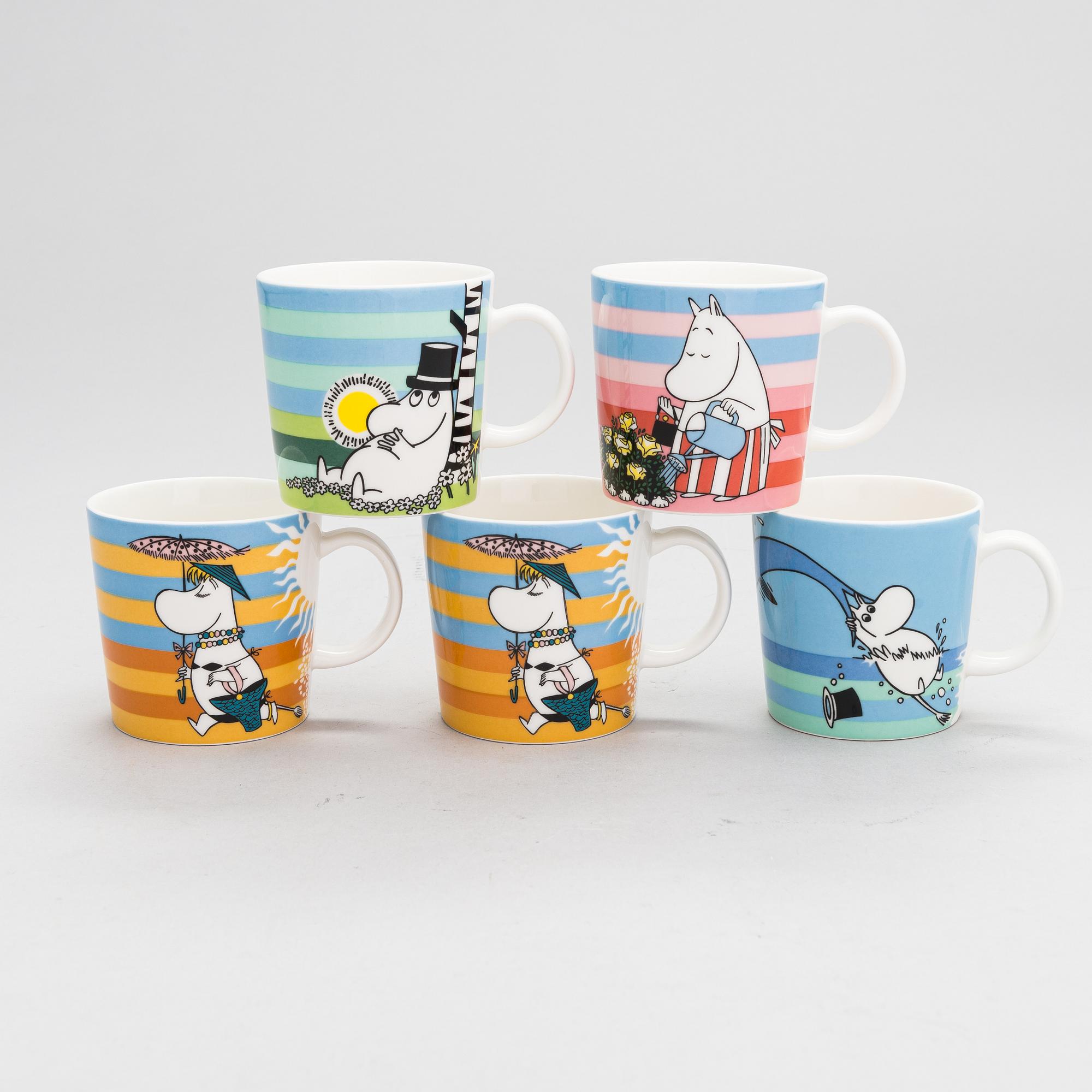MUMINMUGGAR, 5 st, porslin, "Sommar säsongmuggar" Moomin Characters, Arabia 2006-2011.