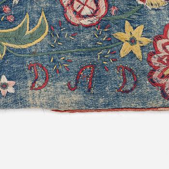 A flat weave carrige cushion, c. 99 x 54 cm, Wemmenhög district, Scania, Sweden, signed and dated DAD 1807.