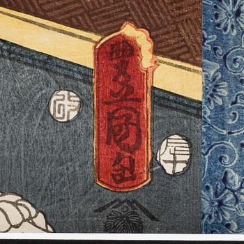 UTAGAWA KUNISADA (Toyokuni III)(1786-1864), three color woodblock print. Japan, 'Actors', 19th C.