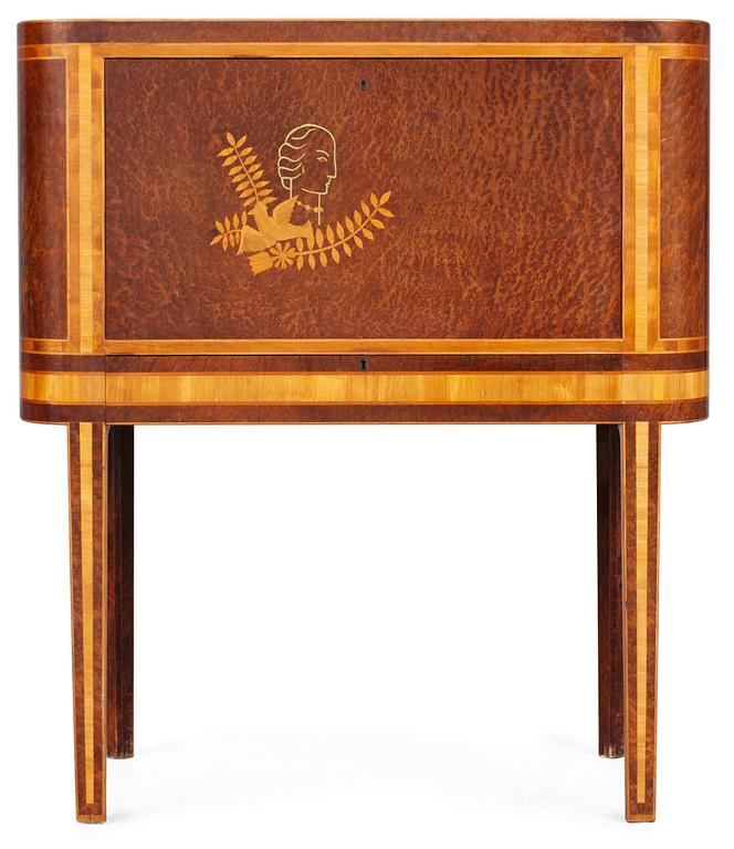 A David Rosén burr wood veneered secretary with inlays in different kind of woods, Georg Rymans Verkstäder circa 1933.