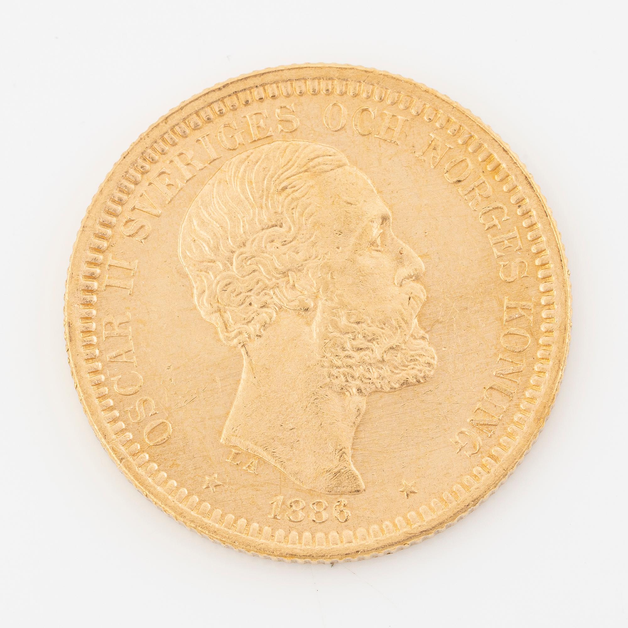 Guldmynt, Oscar II, 20 kronor, typ III, Sverige 1886.