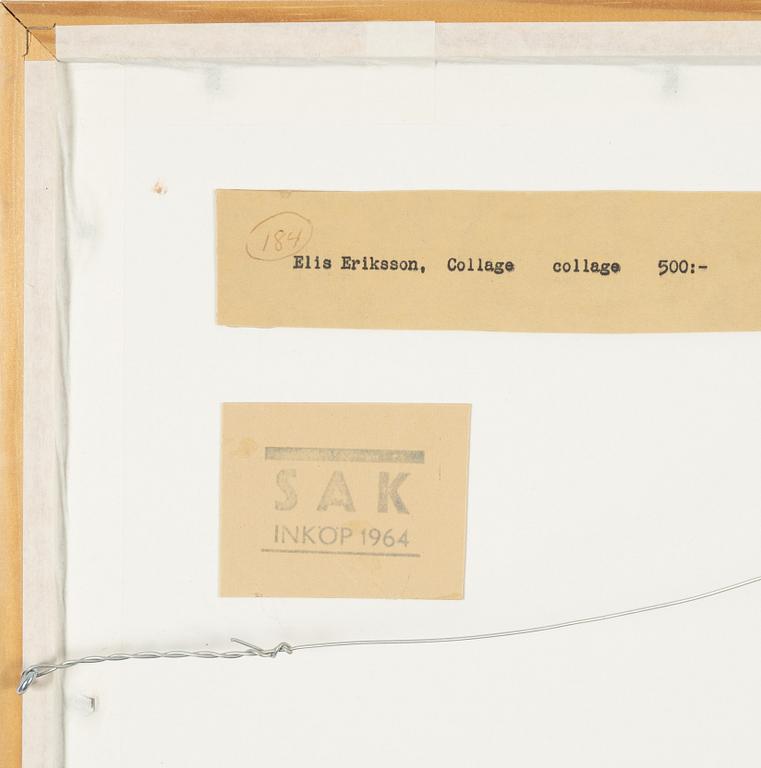 Elis Eriksson, collage, signed E E and dated 1963 with type writer.