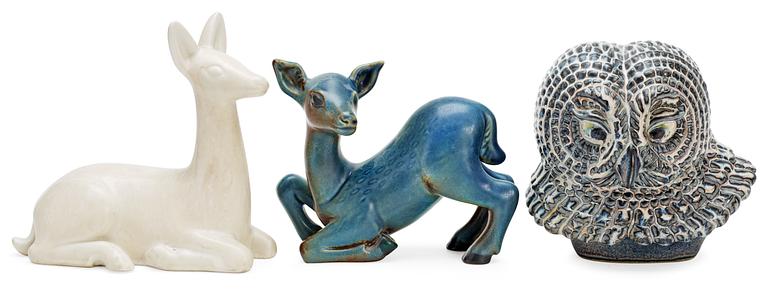 Two Gunnar Nylund stoneware figures, a deer and an owl's head, Rörstrand.