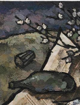 Oskar Rabin, Still life with fish, vodka bottle, banknote and newspaper.