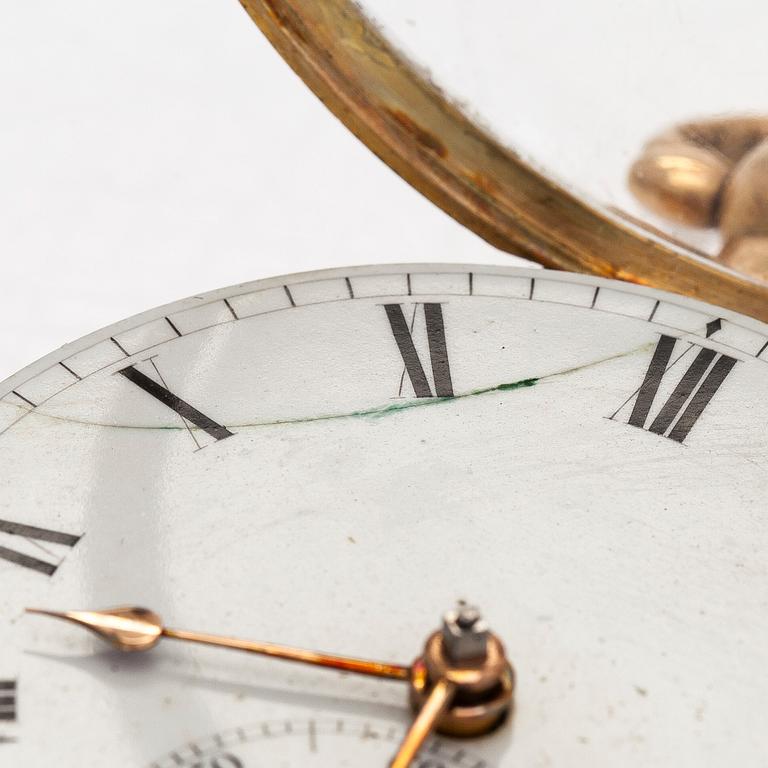 Taskukello, 52 mm, 18K kultaa, John Moncas, Liverpool, 1800-luvun ensimmäinen puolisko.