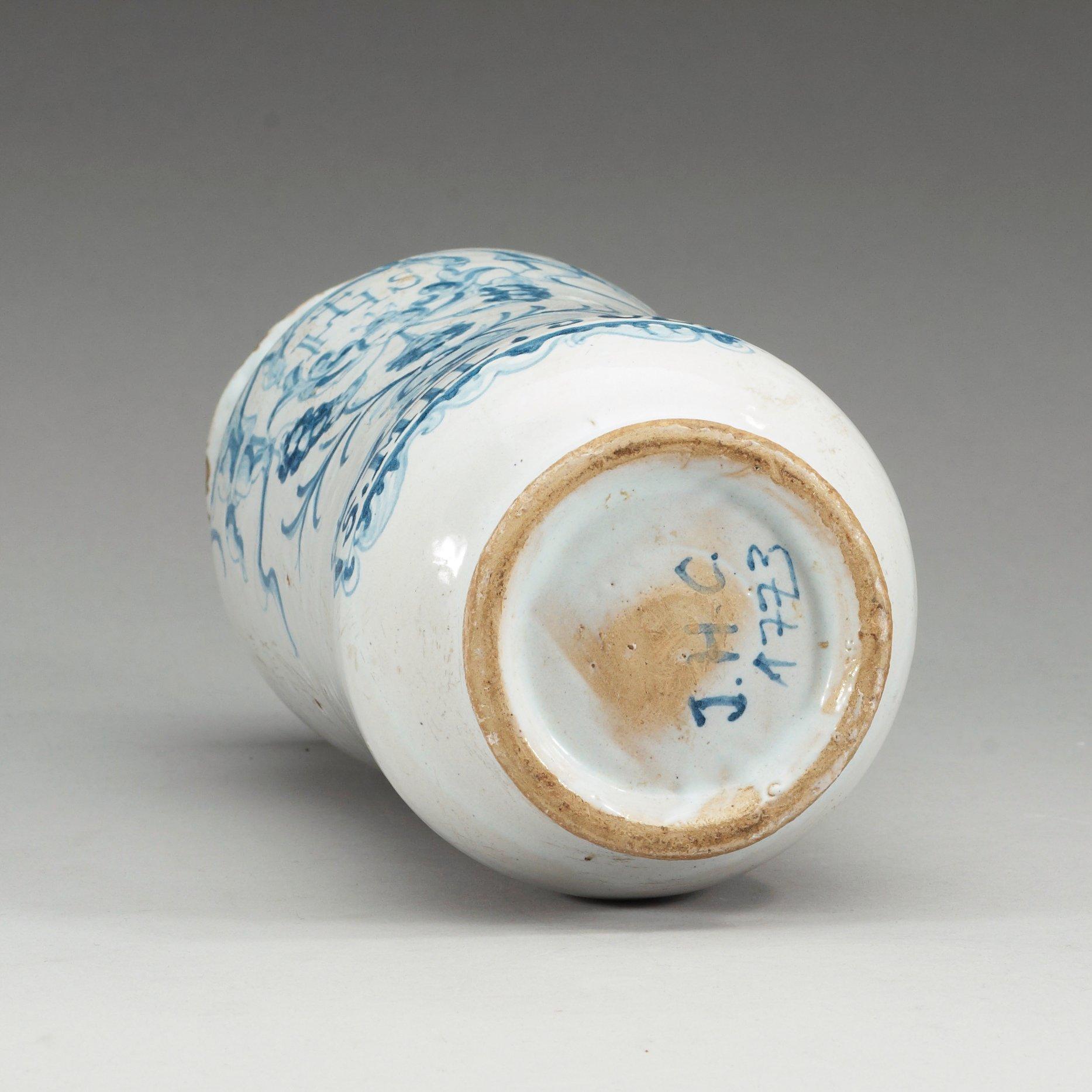 An armorial faience pharmaceutical jar, 18th Century.