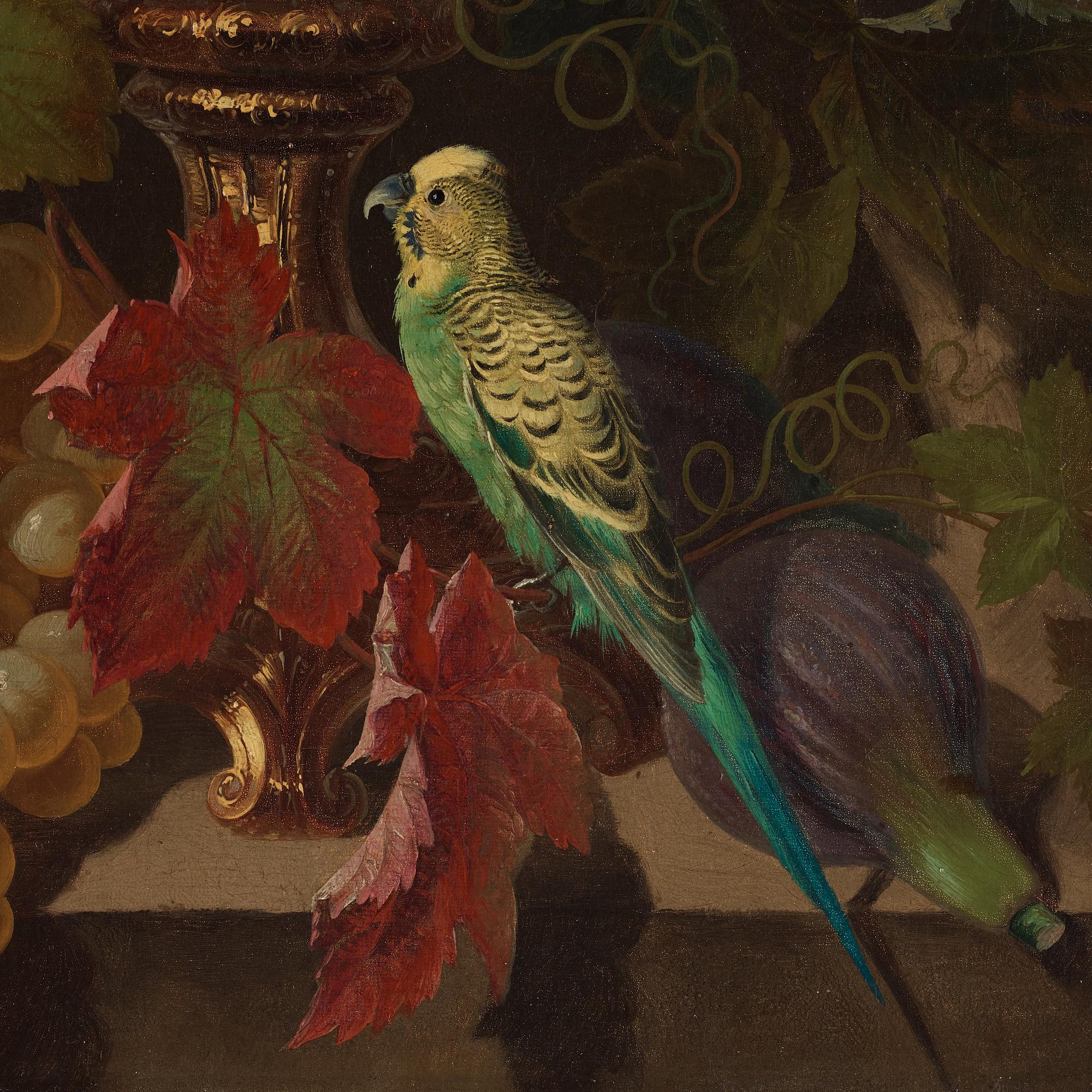 Theodor Schröder, Stilleben med blommor och fjärilar respektive frukter och fågel.