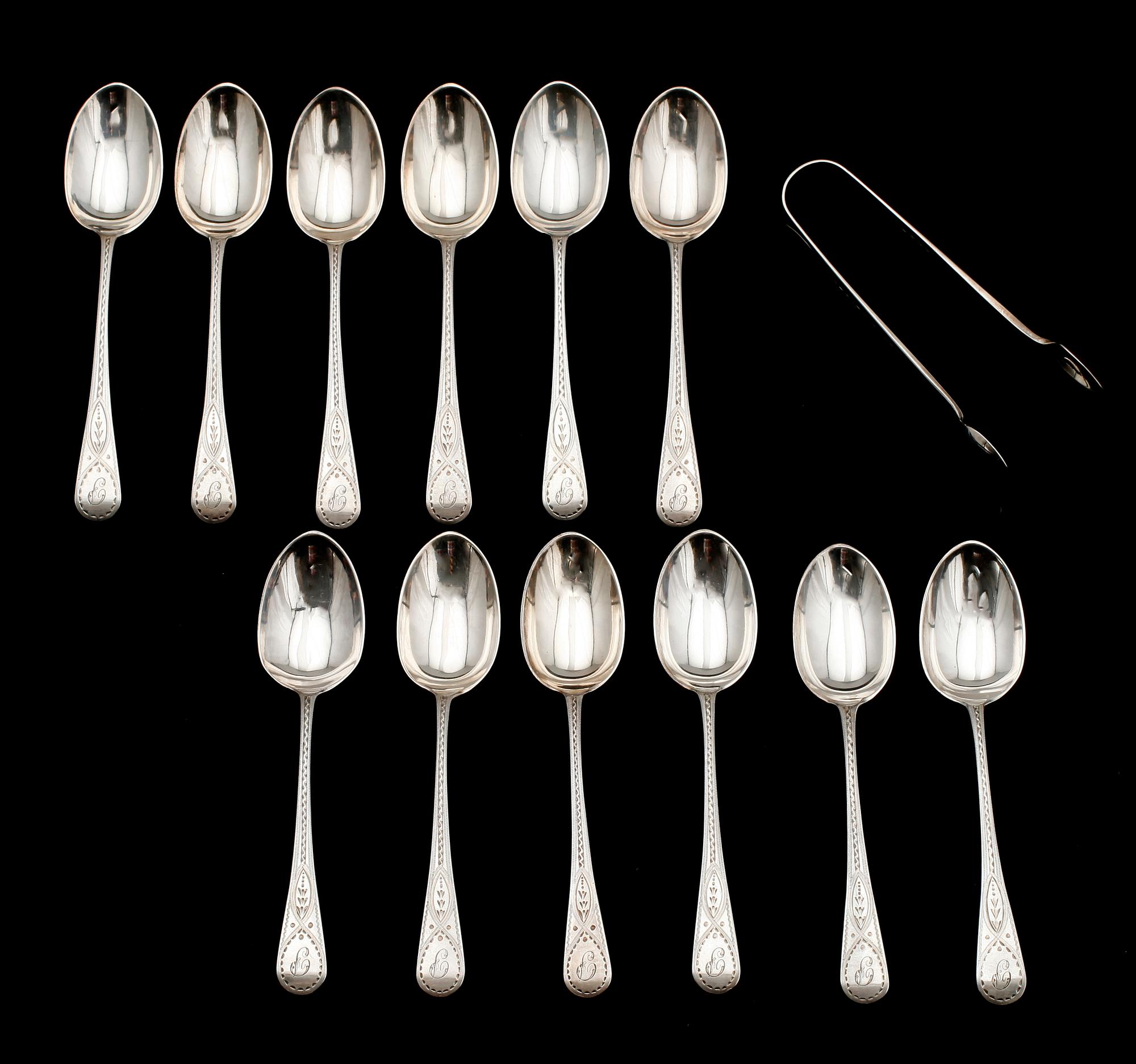 SKEDAR, 12 st, samt SOCKERTÅNG, London, 1800-tal. Tot vikt 244 g.