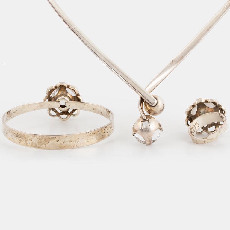 Necklace, ring and bangle, silver and synthetic white spinel by Alton.