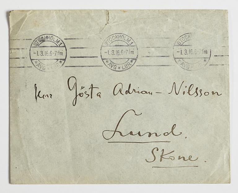 LETTER, from Wassily Kandinsky in Stockholm to GAN (Gösta Adrian-Nilsson) in Lund, dated 29 II (19)16 Envelope enclosed.