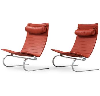 405. Poul Kjaerholm, A pair of 'PK-20' steel and brown leather easy chairs, Fritz Hansen, Denmark 1995.