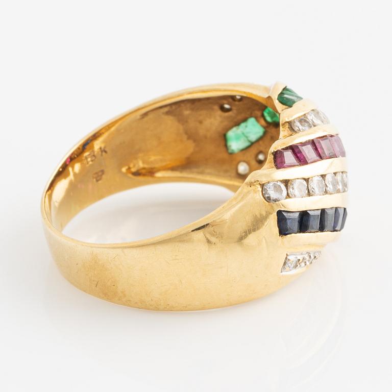 Ring, med briljantslipade diamanter, smaragder, rubiner och safirer.