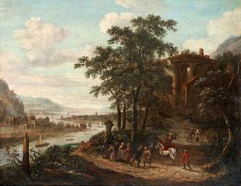 Jan Frans van Bredael Circle of, Landscape with river and figures.