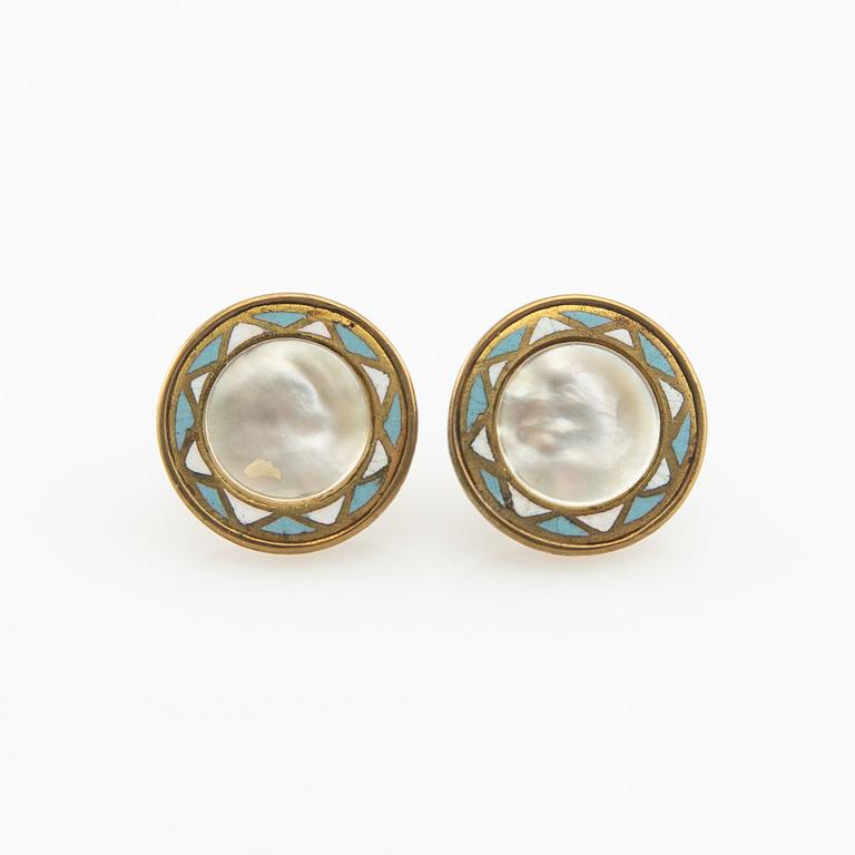 Shirt buttons made of brass with decoration of enamel and mother-of-pearl, early 20th century.