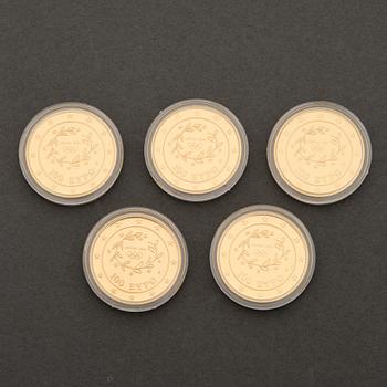 Five Athens 2004 Olympic games commemorative gold coins.